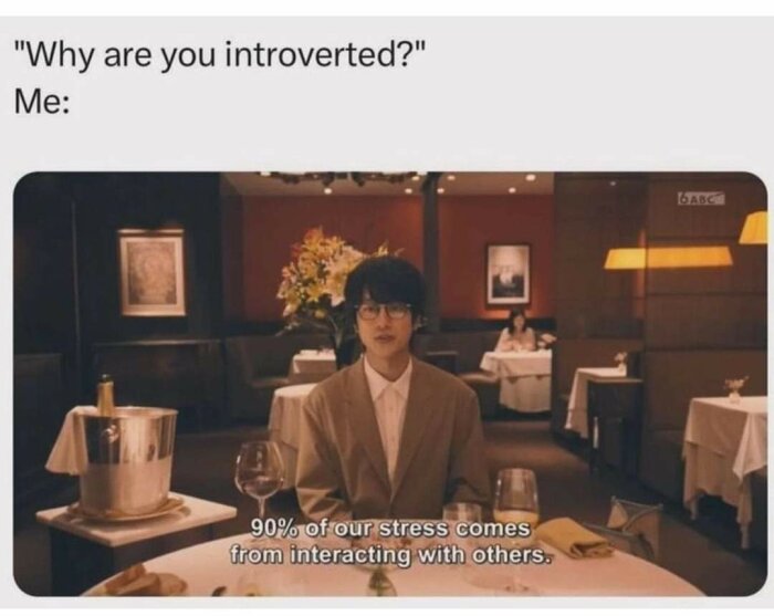 Person som sitter vid ett elegant dukat bord i en restaurang med texten "90% of our stress comes from interacting with others" och rubriken "Why are you introverted? Me:".