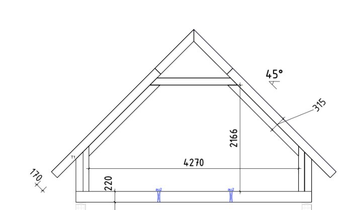 Sketchup-ritning av takkonstruktion med måttangivelser, 45 graders taklutning, hammarband och väggliv markerat; blått transparent visar vindväv.