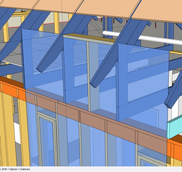 3D Sketchup-ritning visar takstolar med blå transparanta paneler som representerar vindväv mellan dem. Förstärkningar mellan takstolarna övervägs.