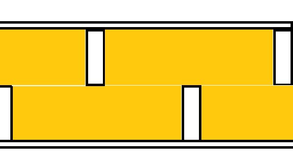 Illustration av en ljudisolerande trävägg med omlott liggande vertikala reglar.