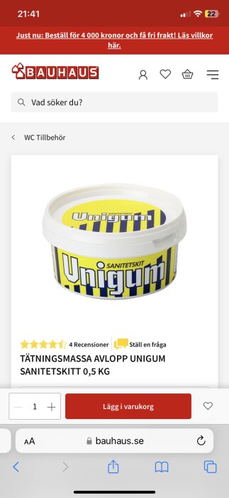 Tätmassa avlopp Unigum sanitetsskit 0,5 kg, produktbild på Bauhaus webbplats.