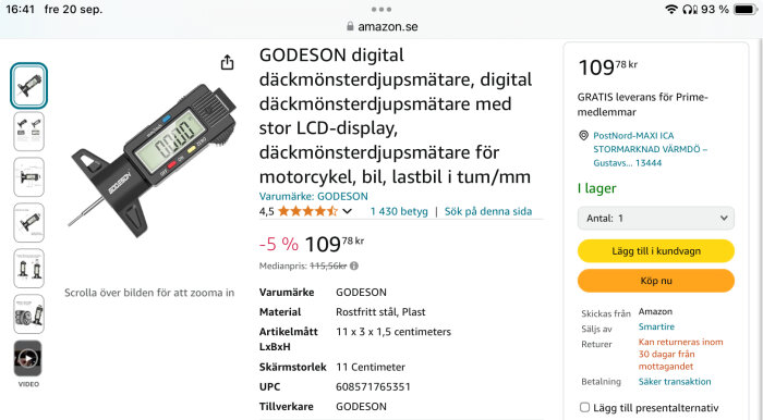 Skärmbild av en produktsida på Amazon.se som visar en digital däckmönsterdjupsmätare från GODESON med beskrivning, pris, betyg och köpalternativ.