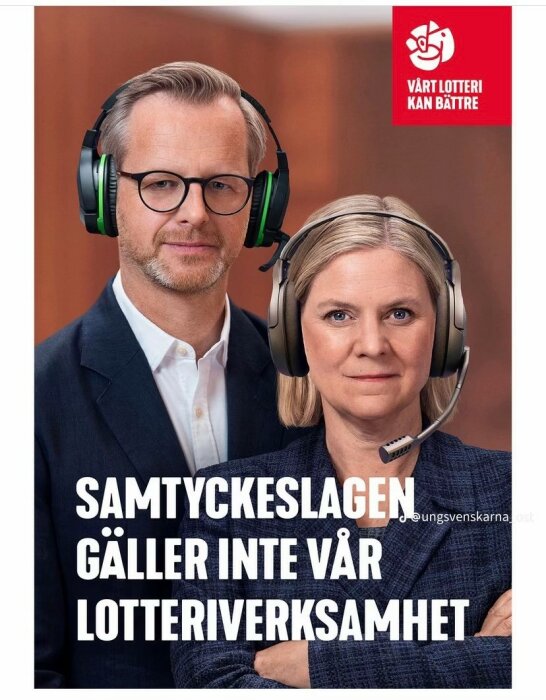 Bild på två personer som båda bär headset, med texten "Samtyckeslagen gäller inte vår lotteriverksamhet" framför och en logotyp i hörnet.