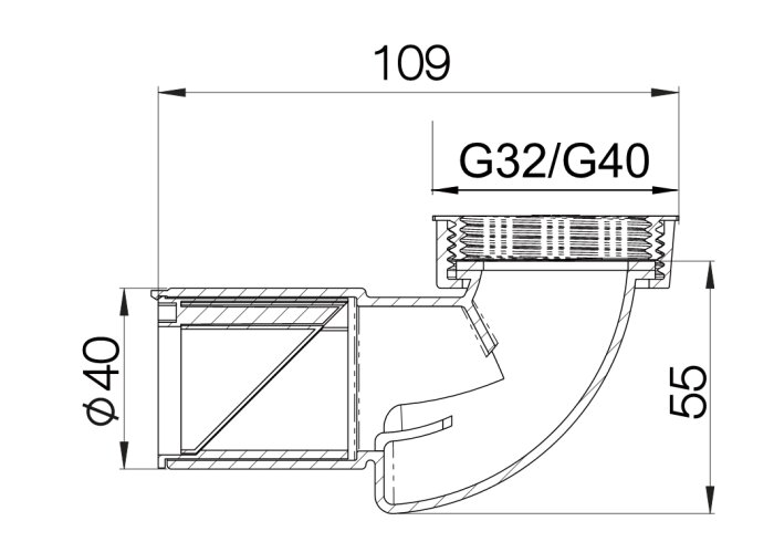 Ritning av vattenlås Purus PUM med måttangivelser 109, G32/G40, φ40 och 55 mm.