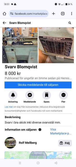 Annons på Facebook Marketplace för en Blomqvist-svarv som kostar 8000 kr, med en beskrivning som anger att svarven är i bra skick och inkluderar diverse svarvstål.