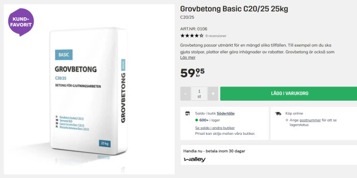 Säck med Grovbetong Basic C20/25 25 kg till priset 59,95 kr hos byggmax. Texten beskriver betongen som lämplig för gjutningsarbeten och har 8 recensioner.