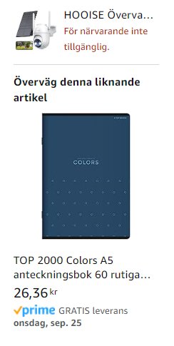 Produktförslag från Amazon: TOP 2000 Colors A5 anteckningsbok med 60 rutor, pris: 26,36 kr, gratis leverans onsdag 25 september.