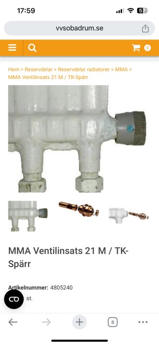 MMA ventilinsats 21 M med TK-spärr från vvsobadrum.se, artikelnummer 4805240. Bilden visar själva ventilinsatsen och en isärtagen del.