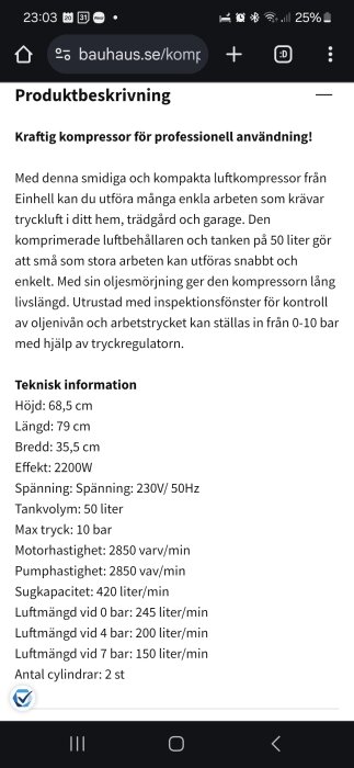 Skärmdump av produktsida från Bauhaus som beskriver Einhell kompressor med tekniska specifikationer som inkluderar höjd, längd, bredd, effekt och tryckkapacitet.