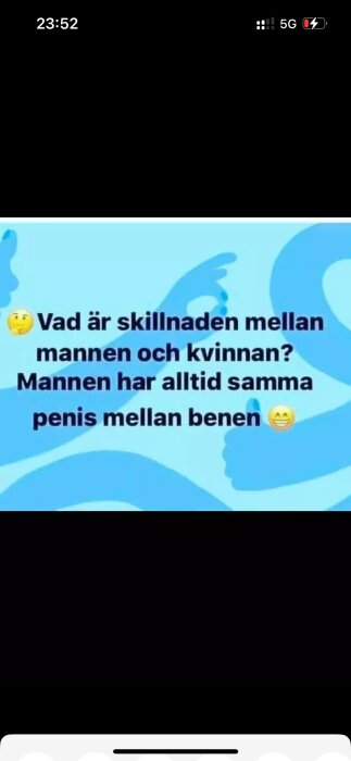 Bild med texten "Vad är skillnaden mellan mannen och kvinnan? Mannen har alltid samma penis mellan benen" med en smiley och ett tänkande ansikte.