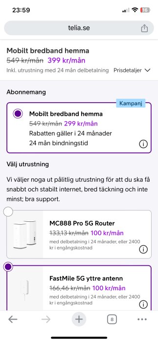 Skärmdump av Telias mobil bredbandserbjudanden med router och yttre antenn där priset för bredband visas som 399 kr/mån.