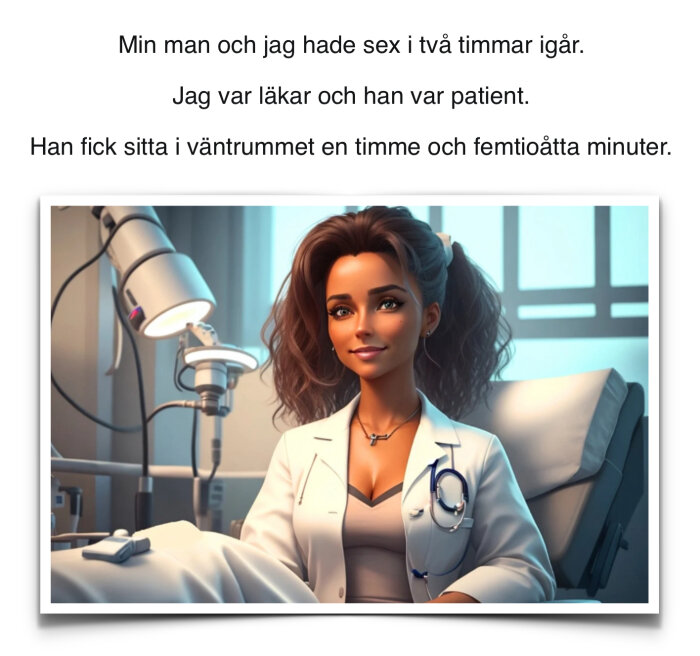 Illustration av en läkare som sitter i ett undersökningsrum, bär läkarkläder och stetoskop, med medicinsk utrustning i bakgrunden.