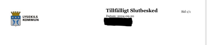 Dokument från Lysekils kommun med texten "Tillfälligt Slutbesked" och datumet 2024-09-20.