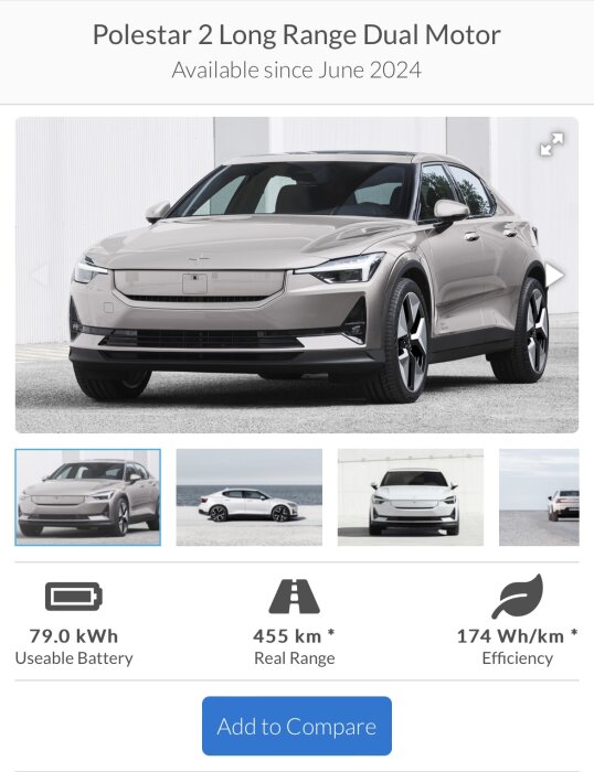 Bild av en Polestar 2 Long Range Dual Motor med specifikationerna: 79,0 kWh användbart batteri, 455 km räckvidd och effektivitet på 174 Wh/km.