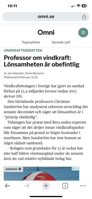 Skärmdump av artikel från Omni med titeln "Professor om vindkraft: Lönsamheten är obefintlig" skriven av Jon Velander, Omni Ekonomi, publicerad 9 februari.