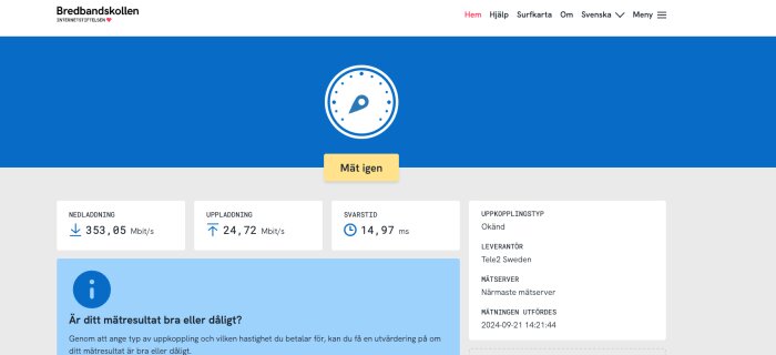 Bredbandskollen-resultat: nedladdning 353,05 Mbit/s, uppladdning 24,72 Mbit/s, svarstid 14,97 ms, leverantör Tele2 Sweden, mätning utförd 2024-09-21.