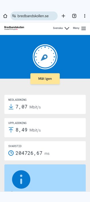 Skärmdump från Bredbandskollen.se visar nedladdningshastighet 7,07 Mbit/s, uppladdningshastighet 8,49 Mbit/s och svarstid 204726,67 ms.