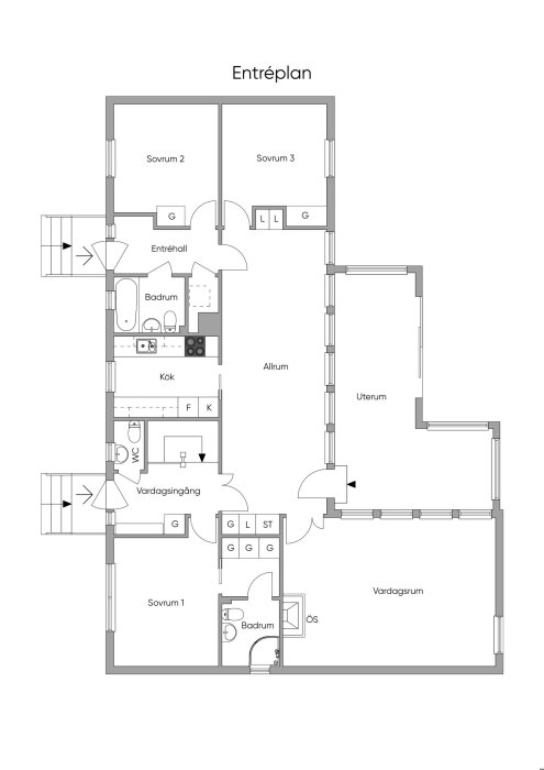 Planskiss över entréplan med tre sovrum, kök, badrum, vardagsrum, uterum och garage sedermera tillbyggda. Byggår 1968.