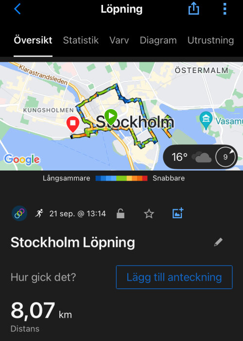 Löpning i Stockholm den 21 september på 8,07 km; rutten visas på en karta med start och stopp markers. Vädret är 16°C och delvis molnigt.