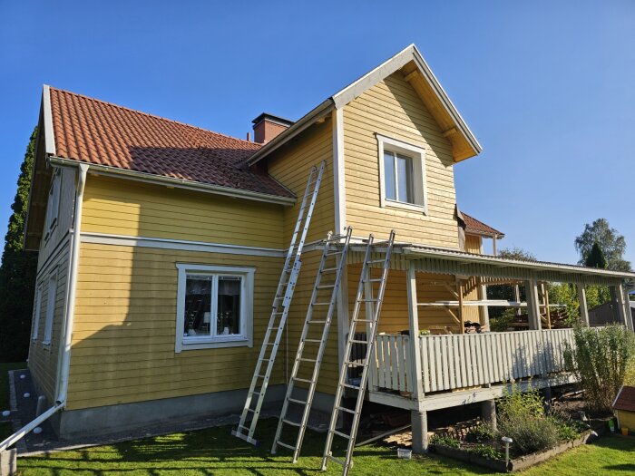 Gult trähus med rött tegeltak och två stegar lutade mot en takkupa. Fuktproblem upptäckta under pannor vid panelbyte. Soligt väder, gräsmatta framför huset.