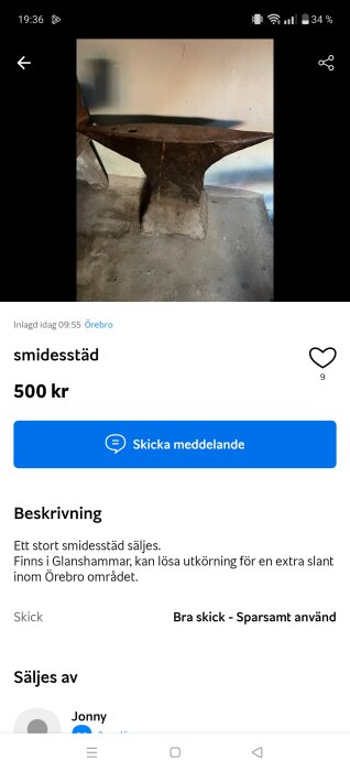 Bild på ett smidesstäd till salu, stående på ett betonggolv, använt skick. Pris: 500 kr, plats: Glanshammar, Örebro.