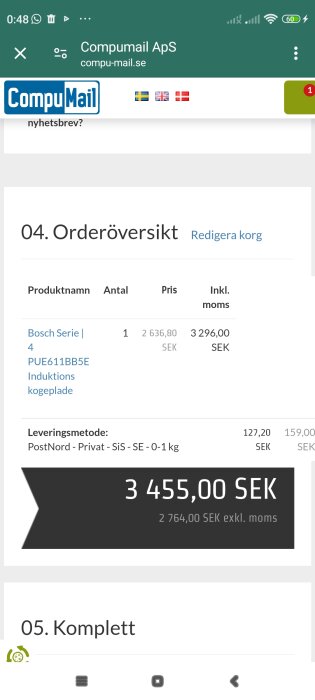 Orderöversikt från CompuMail ApS för en Bosch induktionshäll, totalt 3455 SEK inklusive leveransavgift via PostNord.