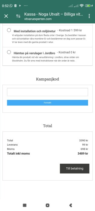 Mobilskärmsbild som visar en varukorgssida från vitvaruexperten.com med leveransalternativ och totalbelopp inklusive moms på 3489 kr.