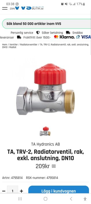 TA Hydronics AB TA TRV-2 rak radiatorventil med DN10-anslutning och röd ratt, visas på en webbsida med priset 209 kr.