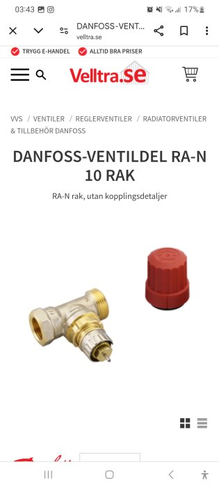 Danfoss ventildel RA-N 10 RAK visas på en produktbild från Velltra.se, inklusive en röd skyddshylsa.