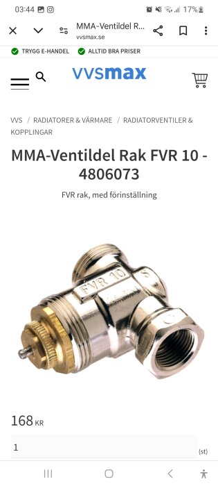 MMA-Ventildel Rak FVR 10 - 4806073 för 168 kr, visas med detaljerad bild och specifikationer.