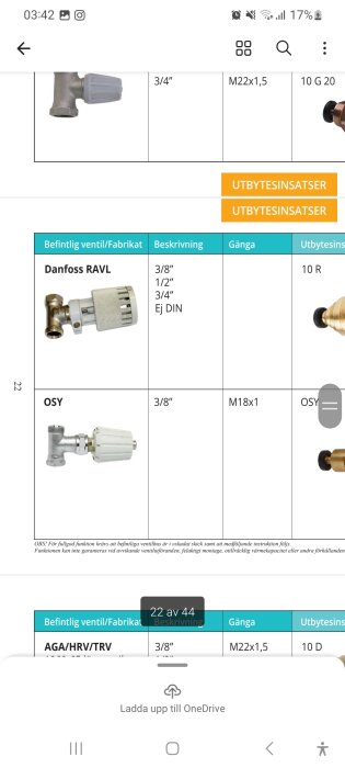 Bild av en skärmdump som visar en tabell med olika termostatventiler, inklusive Danfoss RAVL och OSY. Tabellen innehåller information om dimensioner och utbytesinsatser.