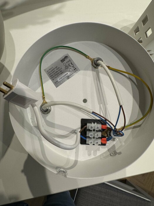 Lampa för takmontering med synliga elanslutningar och jordningskabel, sett från baksidan.