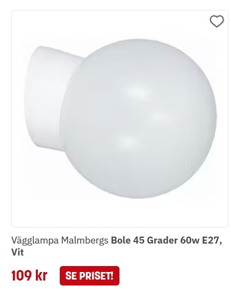 Vägglampa Malmbergs Bole 45 Grader 60w E27, vit, med ett pris på 109 kr.