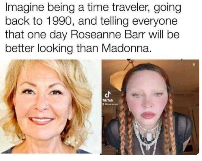 Meme med bild på Roseanne Barr och en TikTok-bild på Madonna, med texten "Imagine being a time traveler, going back to 1990, and telling everyone that one day Roseanne Barr will be better looking than Madonna.