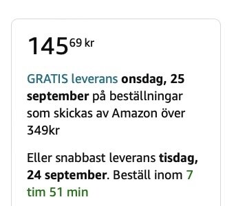 Text som visar pris 145,69 kr med fri leverans onsdag 25 september på beställningar över 349 kr från Amazon, eller snabbaste leverans tisdag 24 september.