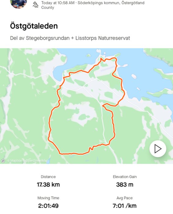 Karta över Östgötaleden, del av Stegeborgsrundan + Lisstorp Naturreservat, med 17,38 km färdspår. Höjdökning 383 m, tid 2:01:49, genomsnittshastighet 7:01/km.