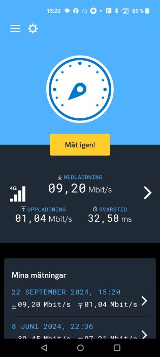 Skärmbild av hastighetstestresultat med 4G som visar nedladdning på 9,20 Mbit/s, uppladdning på 1,04 Mbit/s och svarstid (ping) på 32,58 ms.