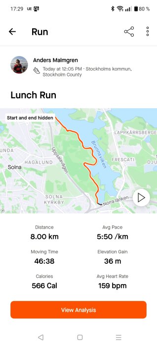 Skärmdump av träningsapp som visar lunchlöpning på 8,00 km med tid 46:38,  totalt 566 kalorier förbrukade och genomsnittlig hjärtfrekvens på 159 bpm.