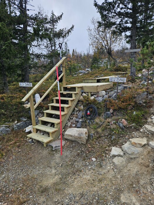 Nybyggd trätrappa med ledstång och gångbro vid en fjällstuga omgiven av skog och mark. Skyltar som säger "Ej snö" syns bredvid trappan.