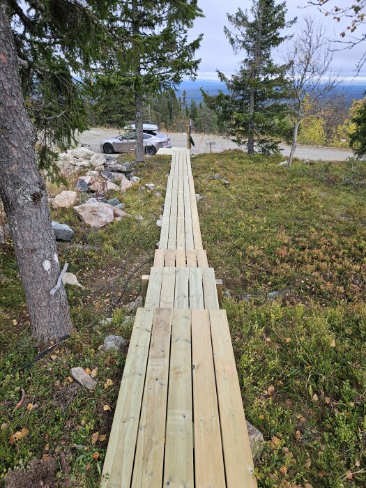 Nybyggd spång av träplankor som leder fram till en fjällstuga, omgiven av träd och grönska med utsikt över fjällandskapet och en parkerad bil i bakgrunden.