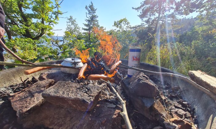 Korvar grillas över öppen eld i skogen, en kastrull värms upp och en burk med Sibylla-korvar står bredvid.