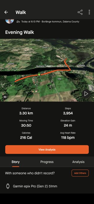 Skärmdump av en träningsapp som visar en kvällspromenad i Borlänge kommun. Detaljer om distans, tid, steg och hjärtfrekvens syns över en tredimensionell karta.
