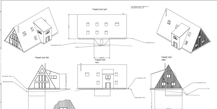 Arkitektritning som visar olika vyer av en A-formad byggnad från öst, väst, syd och norr med specifika mått och marknivåer angivna.