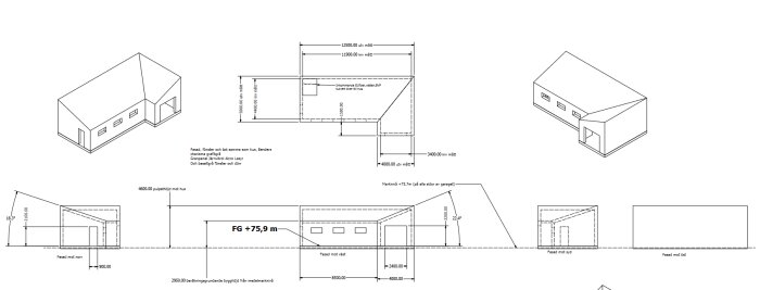 Ritningar och dimensioner för en byggnad med olika vyer inklusive fasader, planritningar och sektionsvisningar. Markerade mått och vinklar för byggnadsrenovering.