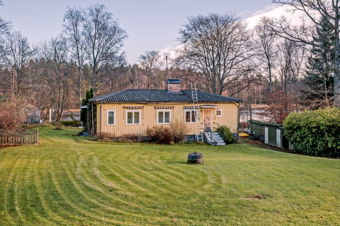 Gul enfamiljsvilla med stege lutad mot taket, omgiven av grönska.