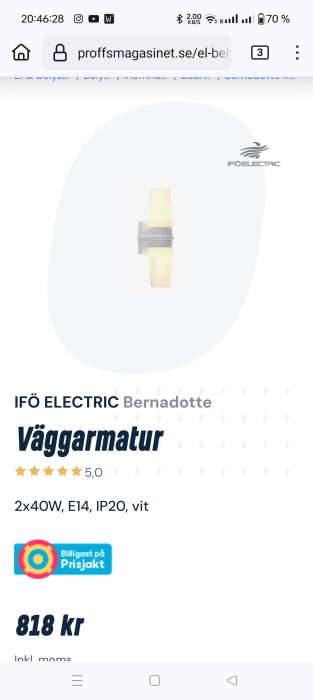 IFÖ Electric Bernadotte väggarmatur med dubbla ljuskällor i vitt utförande, E14-sockel, IP20-klassning, och 40W effekt, till priset av 818 kr på Proffsmagasinet.