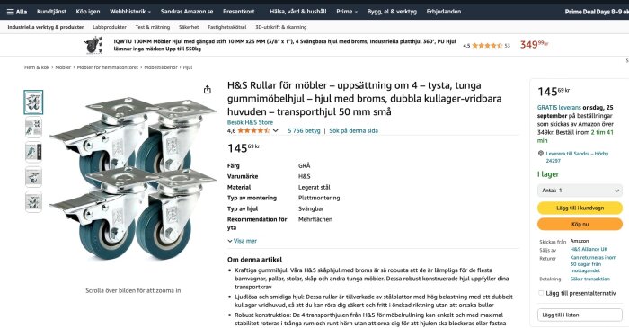 Produktbild av fyra gummihjul med broms för möbler från H&S, tillgängliga för köp på Amazon för 145,69 kr styck.