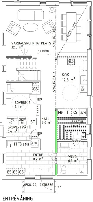 Planlösning över entrévåningen med kök, vardagsrum/matplats, sovrum, wc, groventré/tvättstuga, bastu och hall.