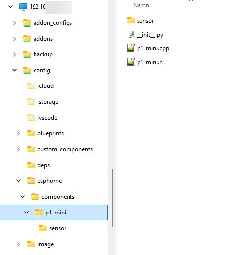 Filträd i filhanteraren som visar mappstrukturen för ESPhome. Under "components" finns en mapp "p1_mini" med tre filer: _init_.py, p1_mini.cpp och p1_mini.h.