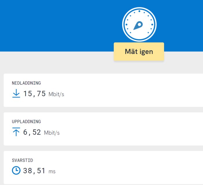 Skärmbild av ett hastighetstest för internetanslutning som visar nedladdningshastigheten 15,75 Mbit/s, uppladdningshastigheten 6,52 Mbit/s och svarstiden 38,51 ms.